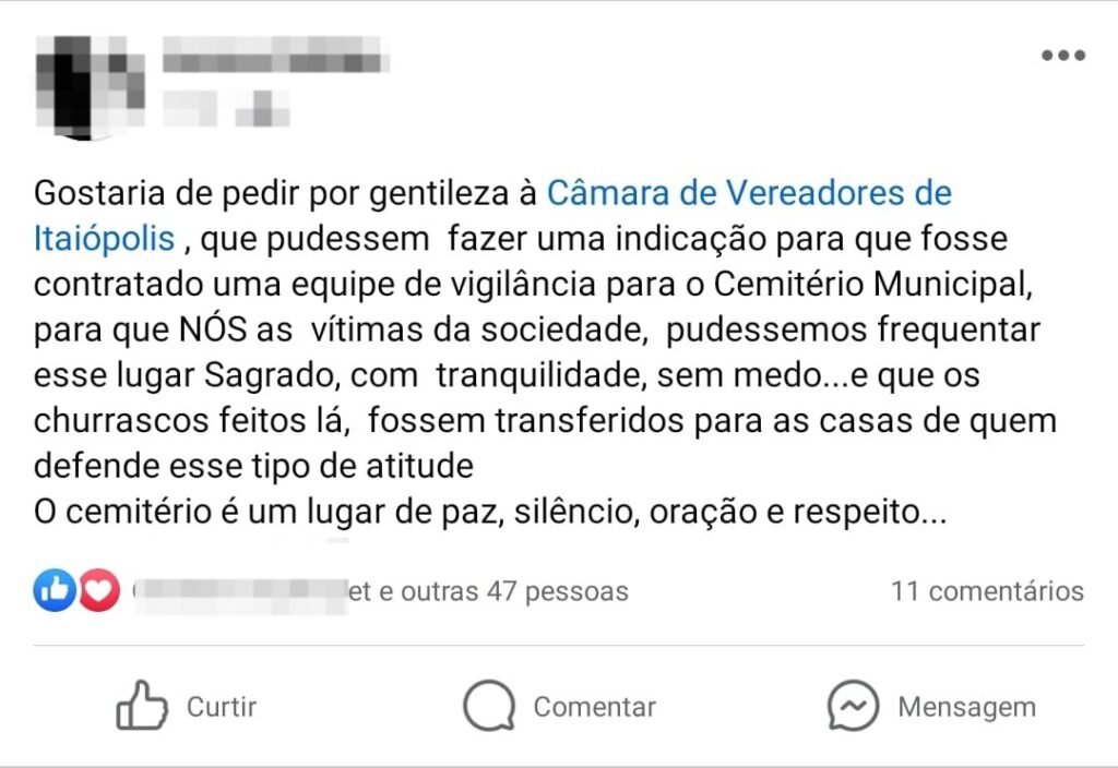 internauta desabafa nas redes sociais e questiona o Legislativo sobre o Cemitério