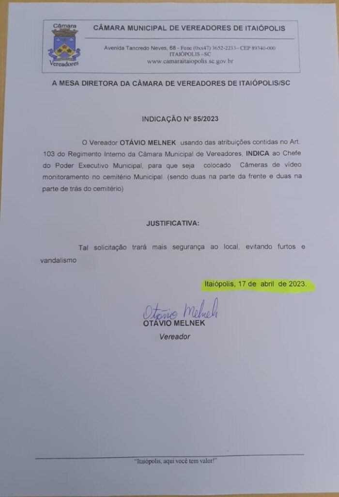 Indicação do vereador solicitando a instalação de câmeras de monitoramento