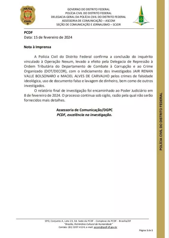 Indiciamento do filho 04 do ex-presidente Bolsonaro ocorreu nesta quinta-feira (15), no âmbito da Operação Nexum – Foto: Polícia Civil do DF/Documento/Reprodução/ND