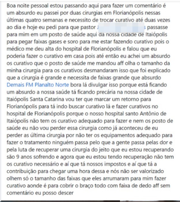 Publicação da ouvinte pedindo auxílo para a Demais FM.