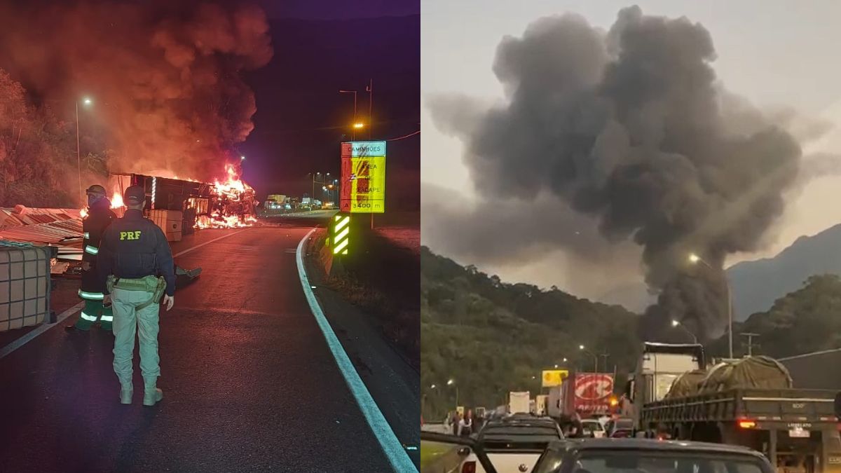 Caminhão incendiado após tombamento no km 668 da BR-376, em Guaratuba